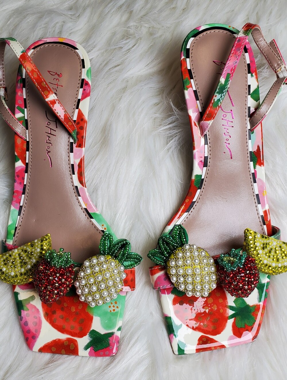 Betsey Johnson Colorful Strawberry Print Embellished Women’s Heel Sandals